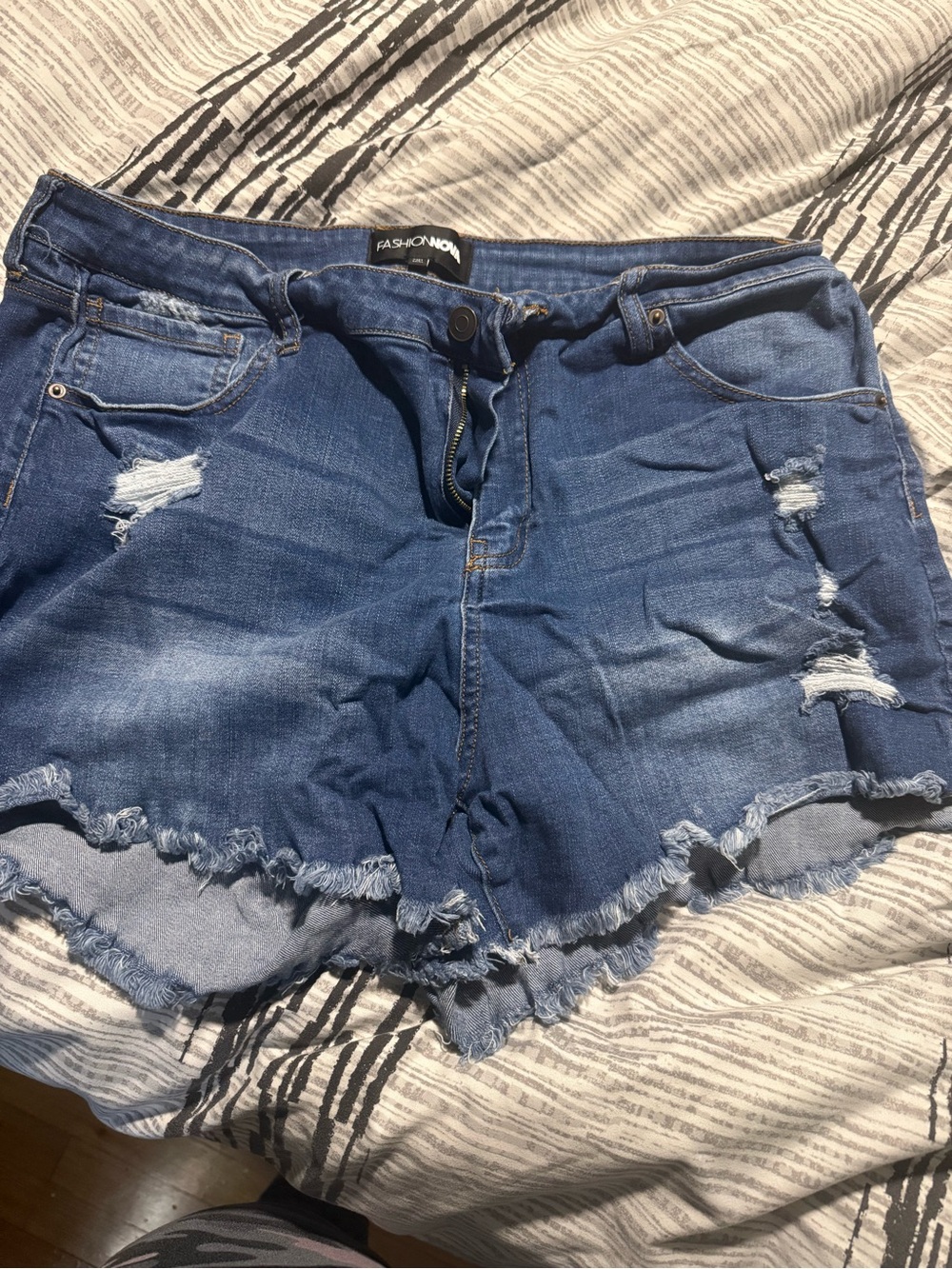 Fashion Nova Distressed Dark Blue Frayed Hem Denim Shorts